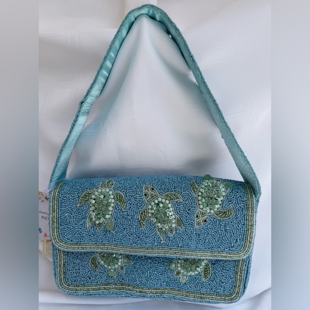 Beaded Sea Turtle Blue Handbag, Made in India